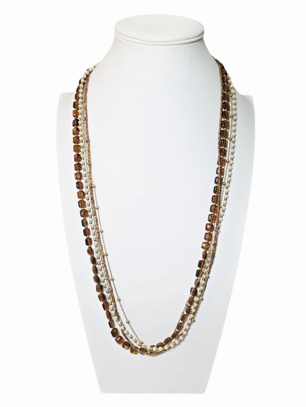 Premier Designs Multi-Strand Brown, White and Gold Beaded Long Necklace